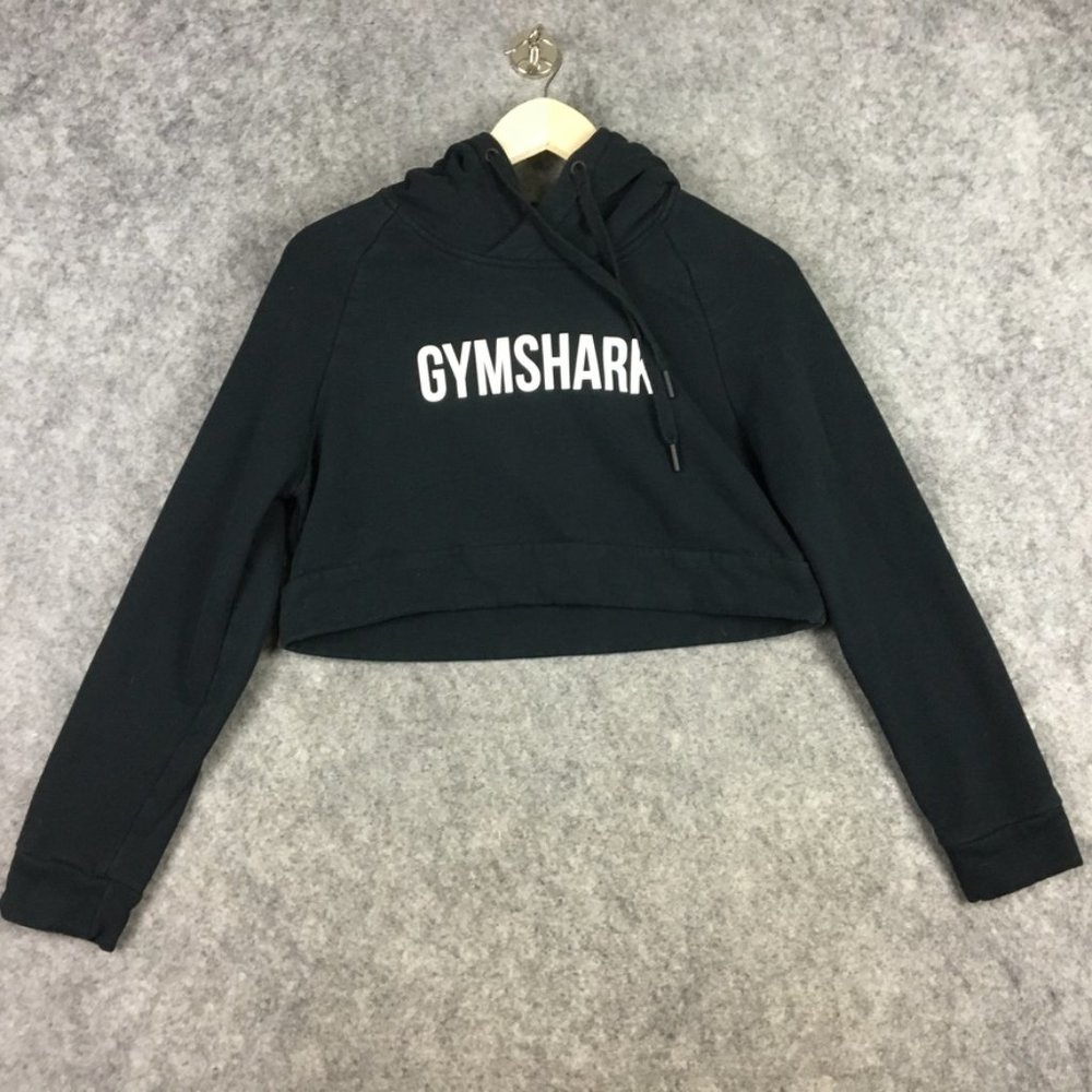 Gymshark Hoodie Womens S Sweatshirt Spellout Cropped Hooded Black White Active